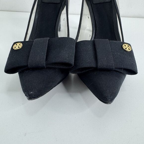 Tory Burch Black Aimee Grosgrain Fabric Pumps Heels Bow Pointed Logo Charm 7 - Picture 4 of 12
